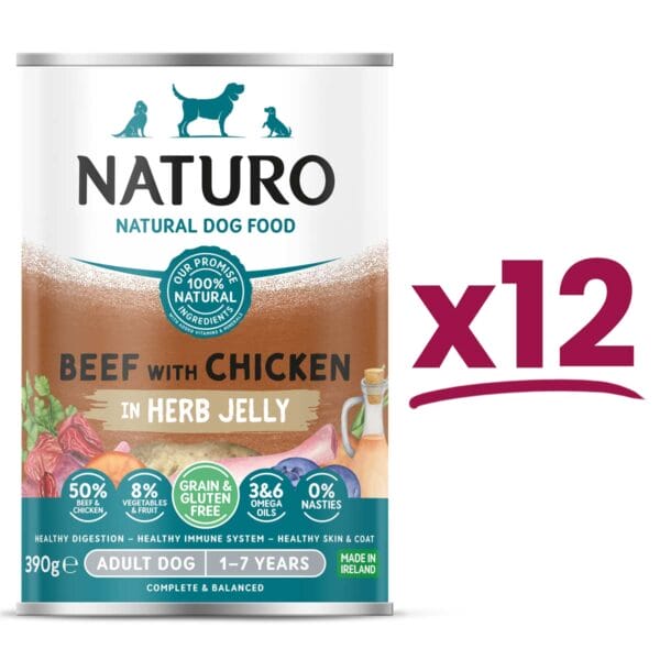 12 cans of Naturo Grain and Gluten Free Beef with Chicken in Herb Jelly 390g