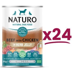 24 cans of Naturo Grain and Gluten Free Beef with Chicken in Herb Jelly 390g