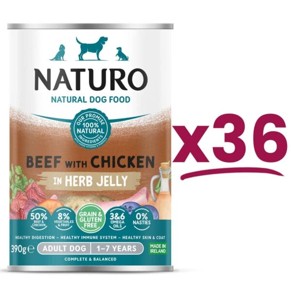36 cans of Naturo Grain and Gluten Free Beef with Chicken in Herb Jelly 390g