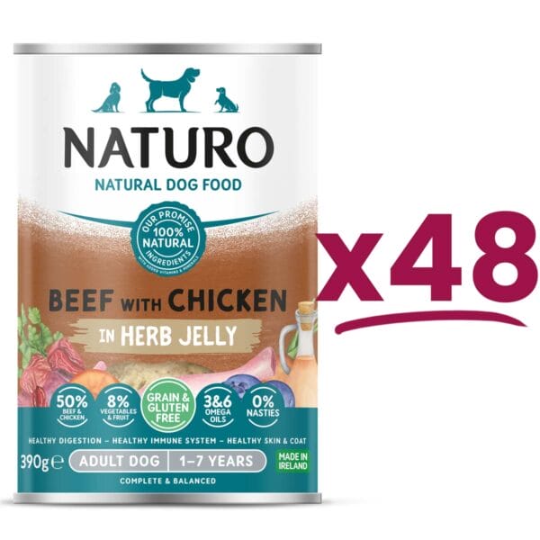 48 cans of Naturo Grain and Gluten Free Beef with Chicken in Herb Jelly 390g
