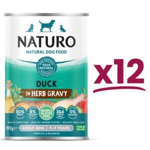 12 cans of Naturo Grain and Gluten Free Duck in Herb Gravy 390g