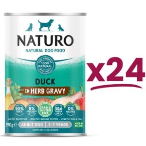 24 cans of Naturo Grain and Gluten Free Duck in Herb Gravy 390g