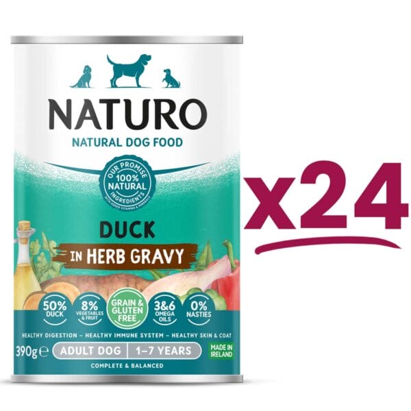 24 cans of Naturo Grain and Gluten Free Duck in Herb Gravy 390g