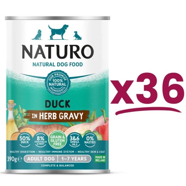 36 cans of Naturo Grain and Gluten Free Duck in Herb Gravy 390g