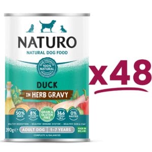 48 cans of Naturo Grain and Gluten Free Duck in Herb Gravy 390g