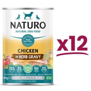 12 cans of Naturo Gluten and Grain Free Chicken in herb Gravy 390g
