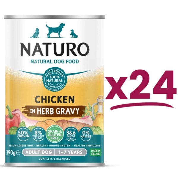 24 cans of Naturo Gluten and Grain Free Chicken in herb Gravy 390g