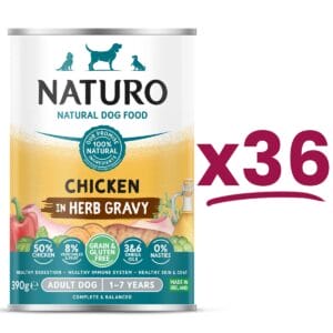 36 cans of Naturo Gluten and Grain Free Chicken in herb Gravy 390g