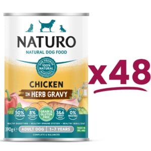 48 cans of Naturo Gluten and Grain Free Chicken in herb Gravy 390g