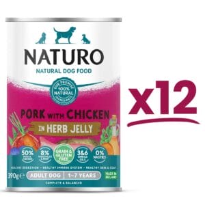 12 cans of Naturo Grain and Gluten Free Pork with Chicken in Herb Jelly 390g