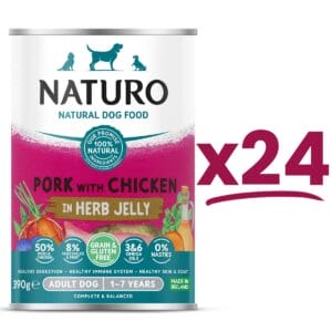 24 cans of Naturo Grain and Gluten Free Pork with Chicken in Herb Jelly 390g