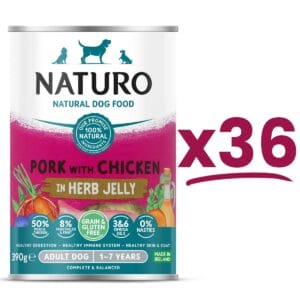 36 cans of Naturo Grain and Gluten Free Pork with Chicken in Herb Jelly 390g