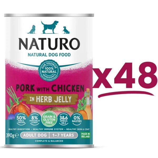 48 cans of Naturo Grain and Gluten Free Pork with Chicken in Herb Jelly 390g