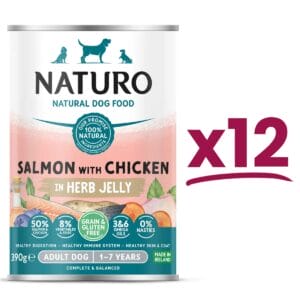 12 cans of Naturo Grain and Gluten Free Salmon with Chicken in Herb Jelly 390g