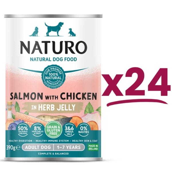 24 cans of Naturo Grain and Gluten Free Salmon with Chicken in Herb Jelly 390g