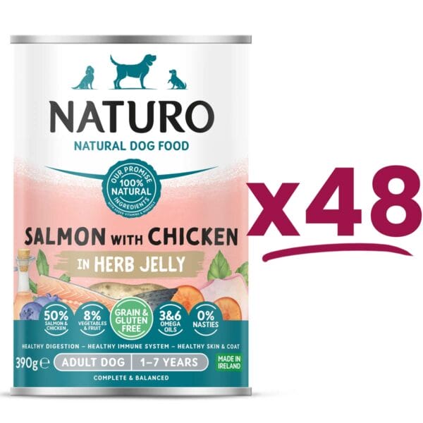 48 cans of Naturo Grain and Gluten Free Salmon with Chicken in Herb Jelly 390g