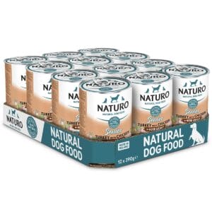 A box of 12 Cans of Naturo GGF Turkey with Chicken in Herb Gravy 390g for Senior Dogs