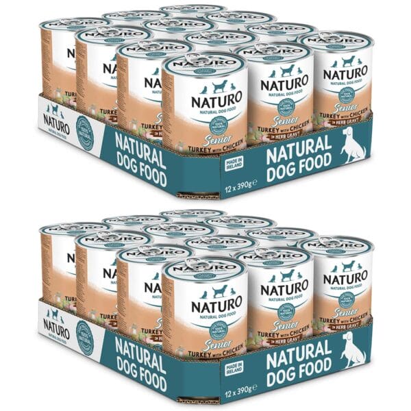 24 Cans of Naturo Turkey with Chicken in Herb Gravy 390g for Senior Dogs