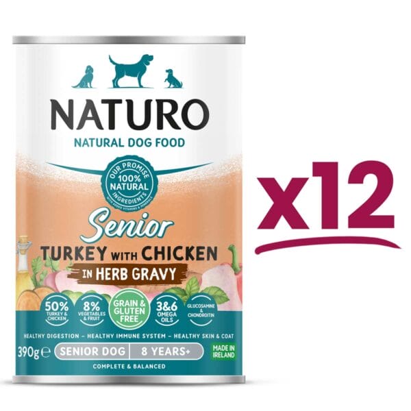 12 cans of Naturo Grain and Gluten Free Senior Turkey with Chicken in Herb Gravy 390g
