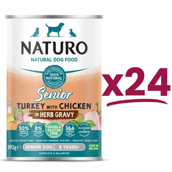 24 cans of Naturo Grain and Gluten Free Senior Turkey with Chicken in Herb Gravy 390g