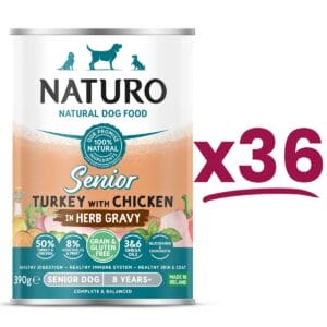 36 cans of Naturo Grain and Gluten Free Senior Turkey with Chicken in Herb Gravy 390g