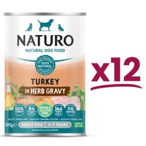 12 cans of Grain and Gluten Free Naturo Turkey in Herb Gravy 390g