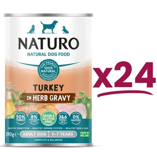 24 cans of Grain and Gluten Free Naturo Turkey in Herb Gravy 390g