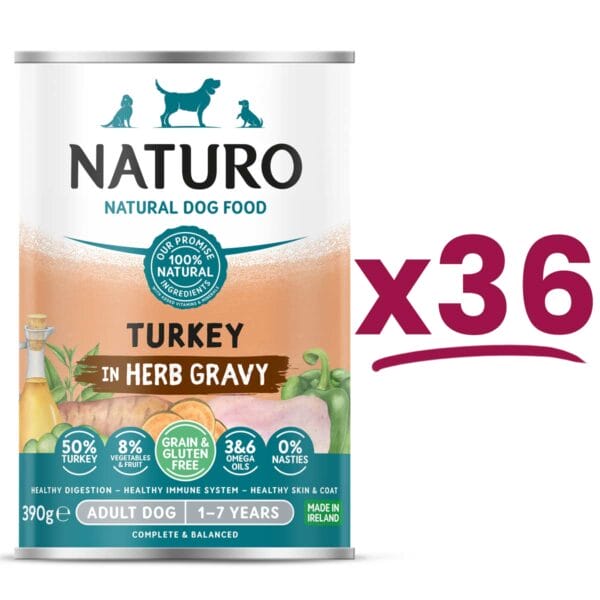 36 cans of Grain and Gluten Free Naturo Turkey in Herb Gravy 390g