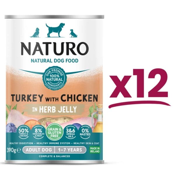 12 cans of Naturo Grain and Gluten Free Turkey with Chicken with Herb Jelly 390g