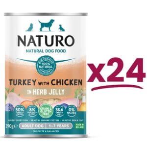 24 cans of Naturo Grain and Gluten Free Turkey with Chicken with Herb Jelly 390g
