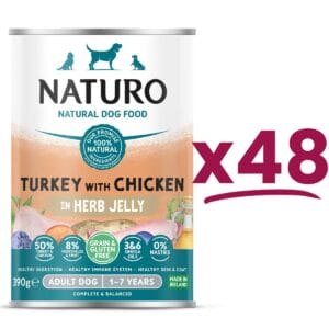48 cans of Naturo Grain and Gluten Free Turkey with Chicken with Herb Jelly 390g