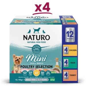 4 boxes of Naturo Mini Small Breed Poultry Selection with Rice 150g 12 pouches