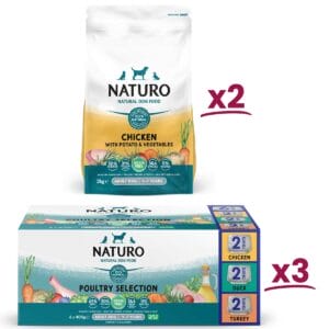2 pack of 2kg Naturo Grain Free Chicken with Potato and Vegetables and 3 boxes of 400g Naturo Poultry Selection 6 400g box
