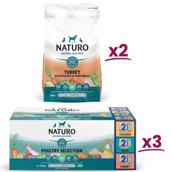 2 pack of 2kg Naturo Grain Free Turkey with Potato and Vegetables and 3 boxes of 400g Naturo Poultry Selection 6 400g box