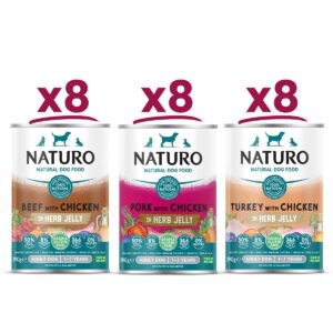 Four packs of Naturo Grain and Gluten Free Meaty Selection in Herb Jelly 390g 6 packs