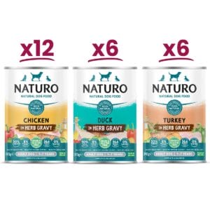 12 cans of Naturo Grain and Gluten Free Chicken in Herb Gravy, 6 cans of Naturo Grain and Gluten Free Duck in Herb Gravy, and 6 cans of Naturo Grain and Gluten Free Turkey in Herb Gravy, 24 cans in total for the price of 20 cans