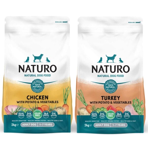 1 Pack of each 2kg Naturo Grain Free Chicken and Turkey with Potato and Vegetables