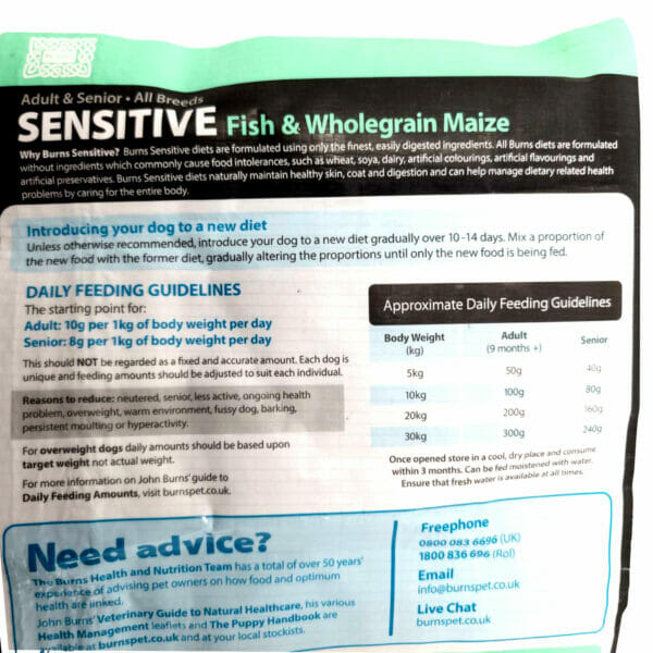 Burns Sensitive Adult & Senior Fish & Wholegrain Maize 2kg- back pack