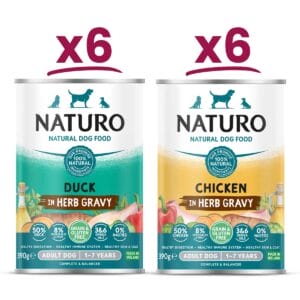 6 cans of each flavour of Naturo Duck in Herb Gravy and Chicken in Herb Gravy