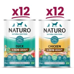 12 cans of each flavour of Naturo Duck in Herb Gravy and Chicken in Herb Gravy