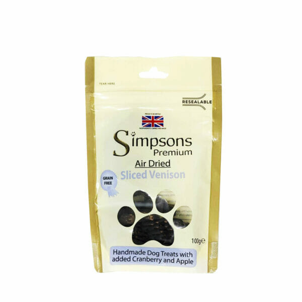 SIMPSONS Premium Air Dried Dog Treats - Venison with Cranberry & Apple 100g front