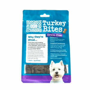 BURNS Turkey Bites Grain Free Dog Treats 200g back pack
