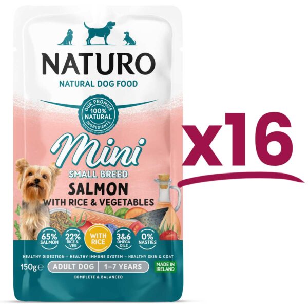 16 Pouches of Naturo Mini Small Breed Salmon with Rice and Vegetables