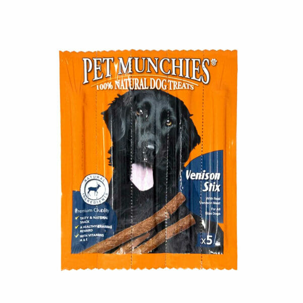 PET MUNCHIES 100% Natural Real Venison Stix (5) Dog Treats 50g front pack