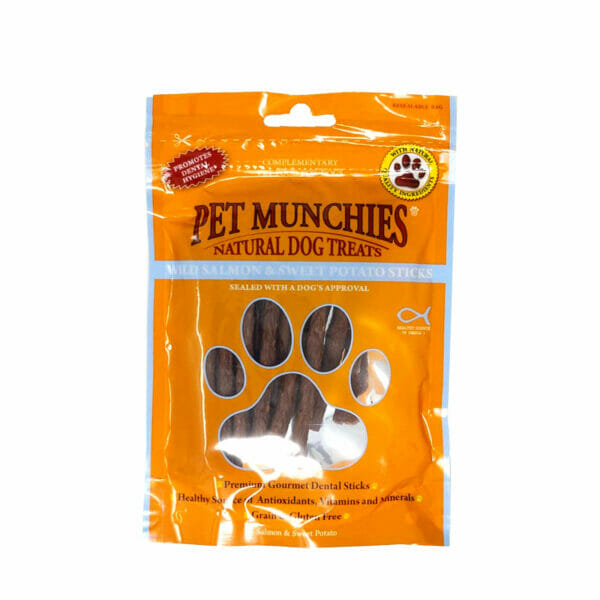PET MUNCHIES Wild Salmon & Sweet Potato Sticks Dog Treats 90g front pack
