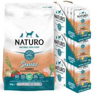 Bundle of NATURO Senior Grain Free Turkey Dry Dog Food 2kg & Wet Food 24x150g, 3 boxes