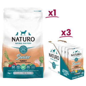 1 pack of Naturo Grain Free Senior Turkey with Potato and Vegetables 2kg and 3 boxes of Naturo Senior Turkey with Rice150g