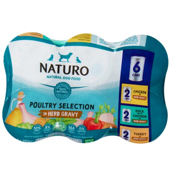 1 pack of Naturo Grain Free Poultry Selection in Herb Gravy Adult Wet Dog Food 6 cans of 390g