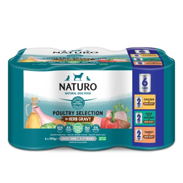 NATURO Grain Free Poultry Selection in Herb Gravy Adult Wet Dog Food 6x390g - Front