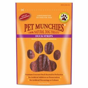A 90g pouch of PET MUNCHIES 100% Natural Duck Strips Dog Treat